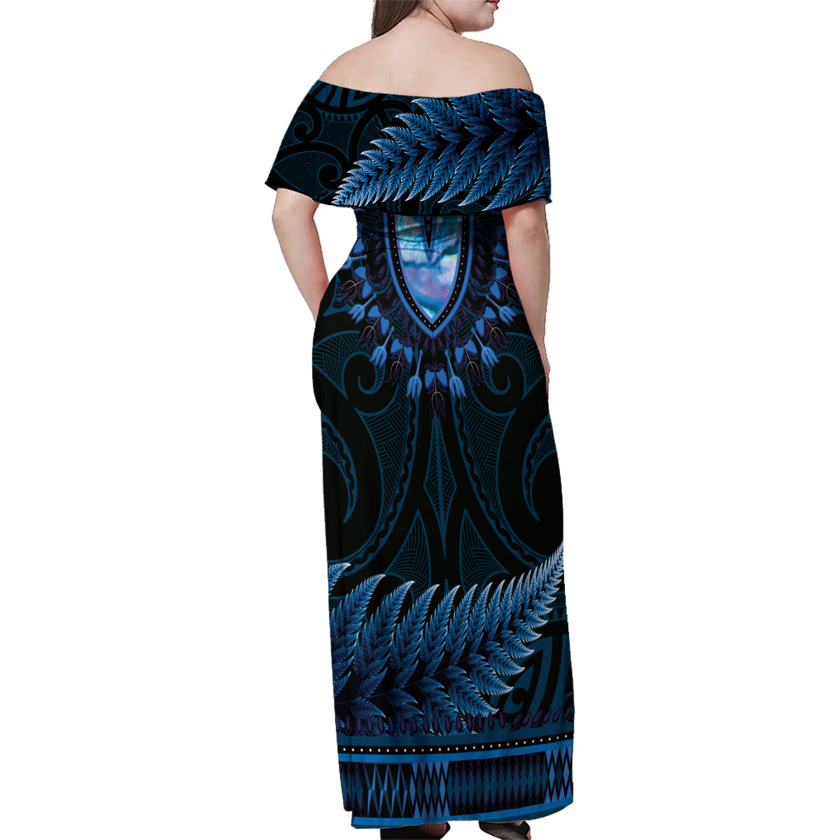 Blue African Dashiki With Aotearoa Maori Family Matching Off Shoulder Maxi Dress and Hawaiian Shirt Paua Shell Mix Silver Fern LT14 - Polynesian Pride