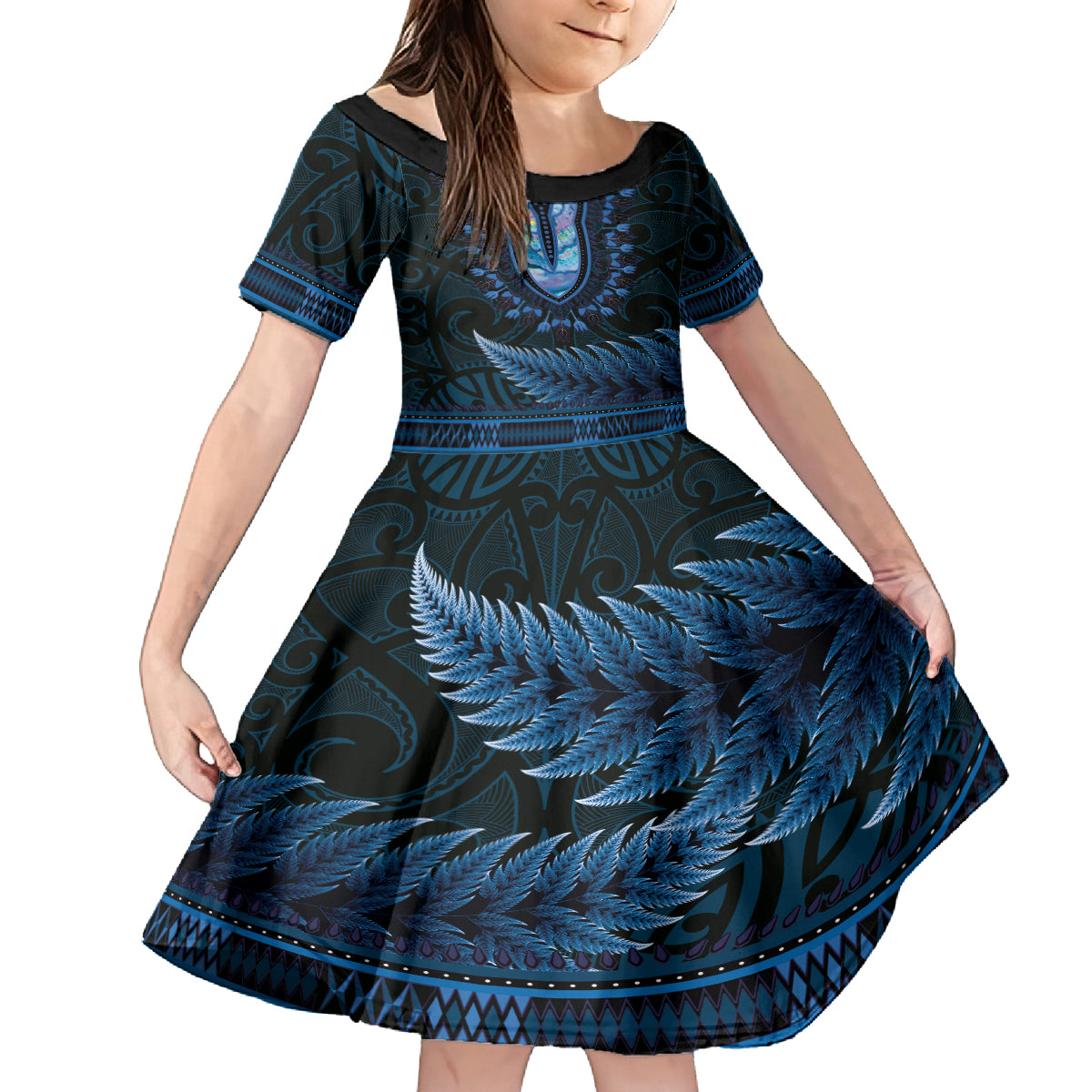Blue African Dashiki With Aotearoa Maori Family Matching Off Shoulder Short Dress and Hawaiian Shirt Paua Shell Mix Silver Fern LT14 Daughter's Dress Blue - Polynesian Pride