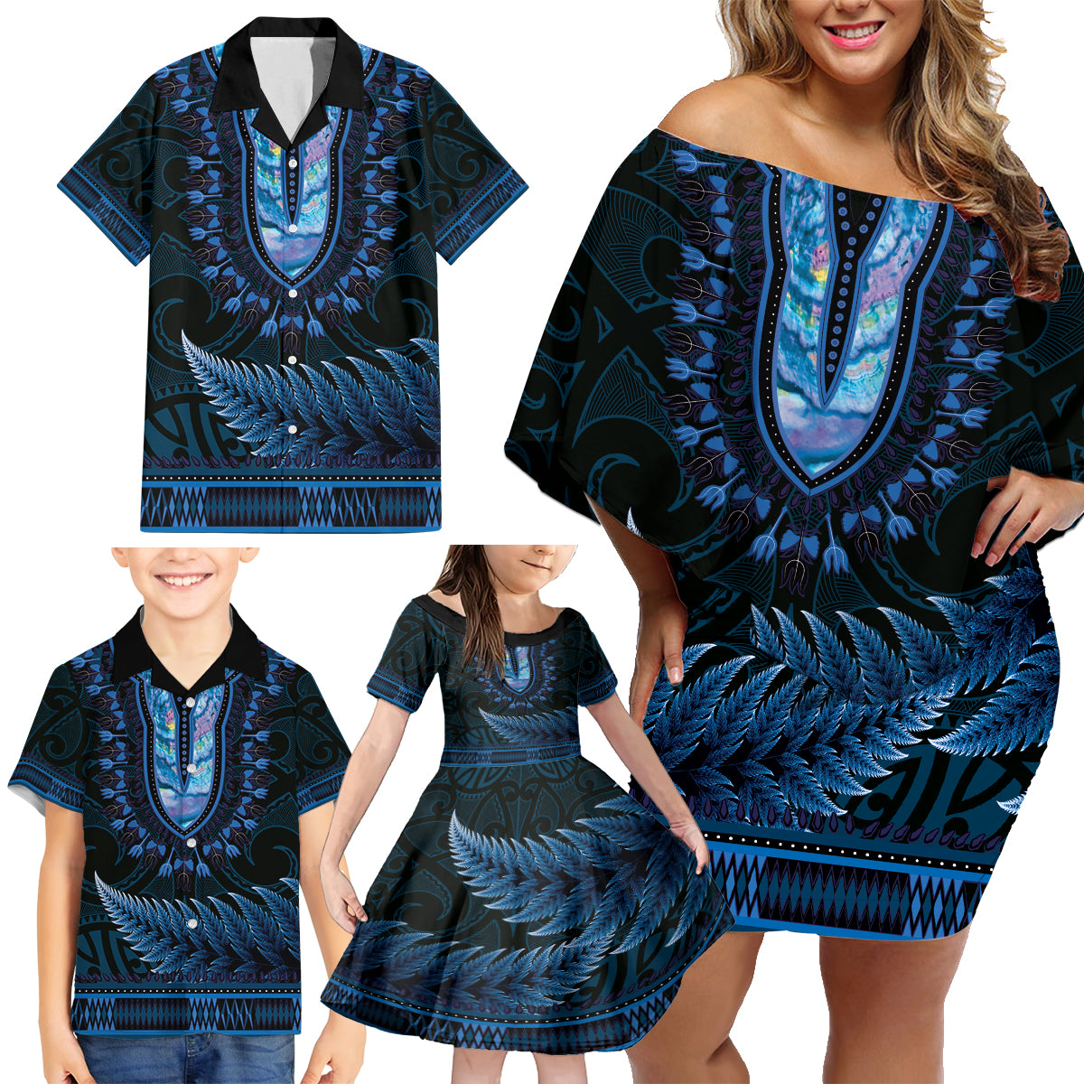 Blue African Dashiki With Aotearoa Maori Family Matching Off Shoulder Short Dress and Hawaiian Shirt Paua Shell Mix Silver Fern LT14 - Polynesian Pride
