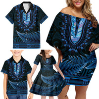 Blue African Dashiki With Aotearoa Maori Family Matching Off Shoulder Short Dress and Hawaiian Shirt Paua Shell Mix Silver Fern LT14 - Polynesian Pride
