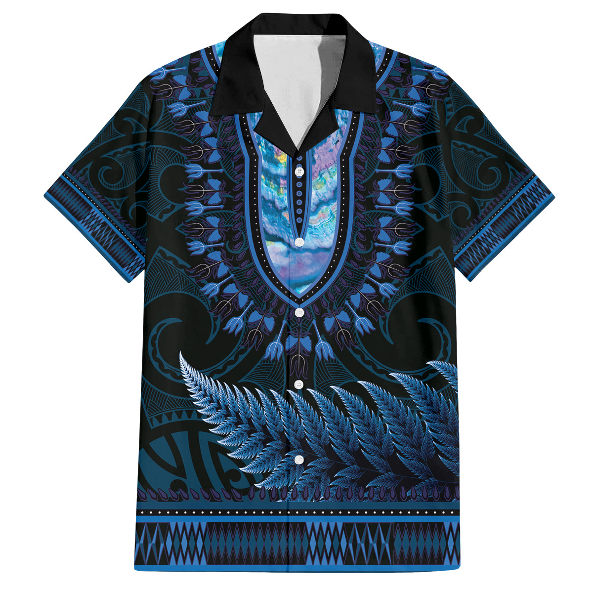 Blue African Dashiki With Aotearoa Maori Family Matching Off Shoulder Short Dress and Hawaiian Shirt Paua Shell Mix Silver Fern LT14 Dad's Shirt - Short Sleeve Blue - Polynesian Pride