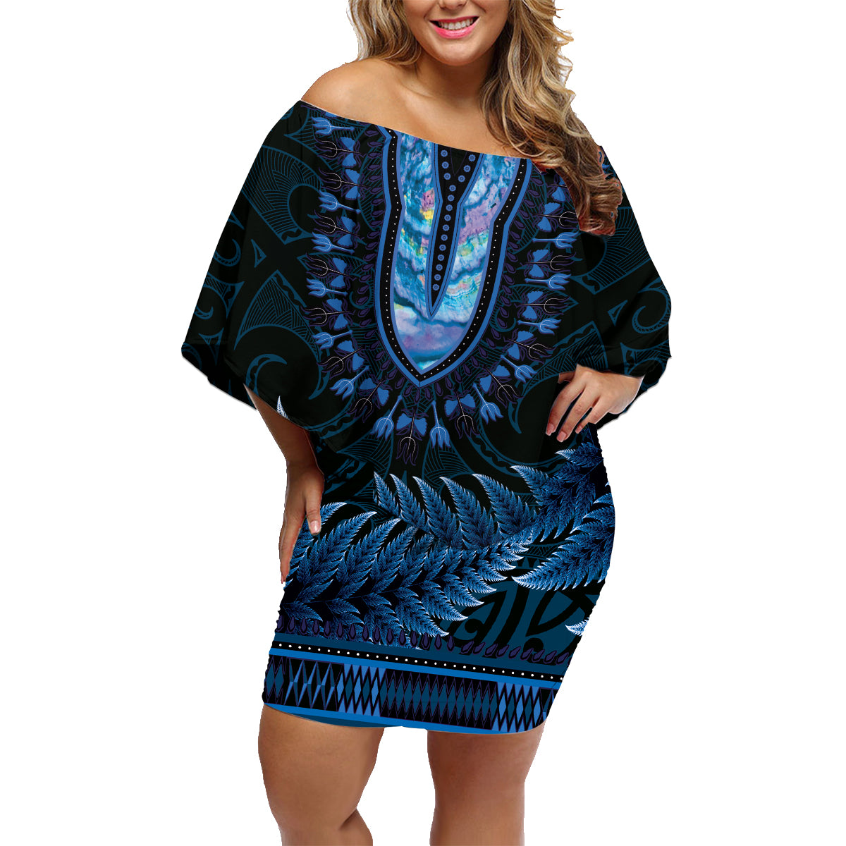 Blue African Dashiki With Aotearoa Maori Family Matching Off Shoulder Short Dress and Hawaiian Shirt Paua Shell Mix Silver Fern LT14 Mom's Dress Blue - Polynesian Pride