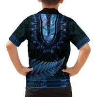 Blue African Dashiki With Aotearoa Maori Family Matching Puletasi and Hawaiian Shirt Paua Shell Mix Silver Fern LT14 - Polynesian Pride