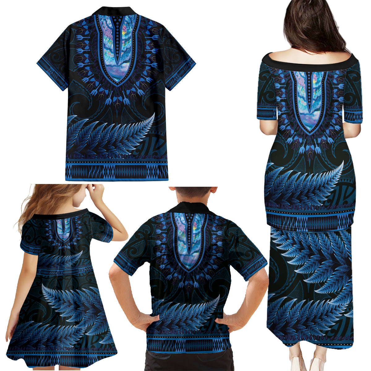Blue African Dashiki With Aotearoa Maori Family Matching Puletasi and Hawaiian Shirt Paua Shell Mix Silver Fern LT14 - Polynesian Pride