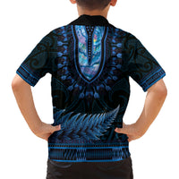 Blue African Dashiki With Aotearoa Maori Family Matching Short Sleeve Bodycon Dress and Hawaiian Shirt Paua Shell Mix Silver Fern LT14 - Polynesian Pride