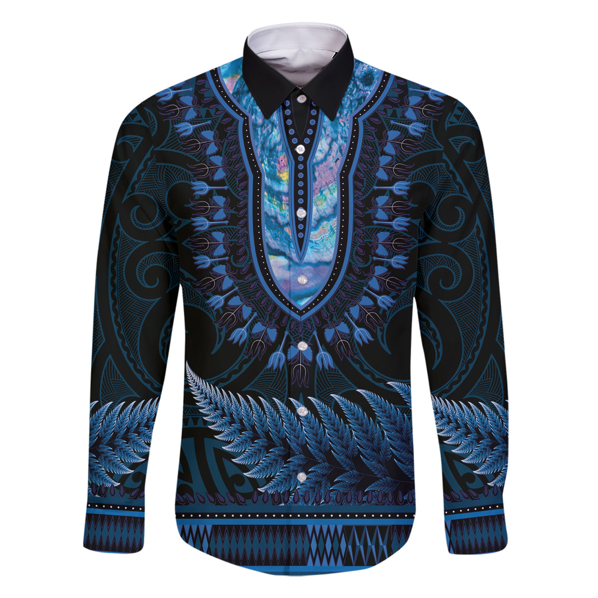 Blue African Dashiki With Aotearoa Maori Family Matching Short Sleeve Bodycon Dress and Hawaiian Shirt Paua Shell Mix Silver Fern LT14 Dad's Shirt - Long Sleeve Blue - Polynesian Pride