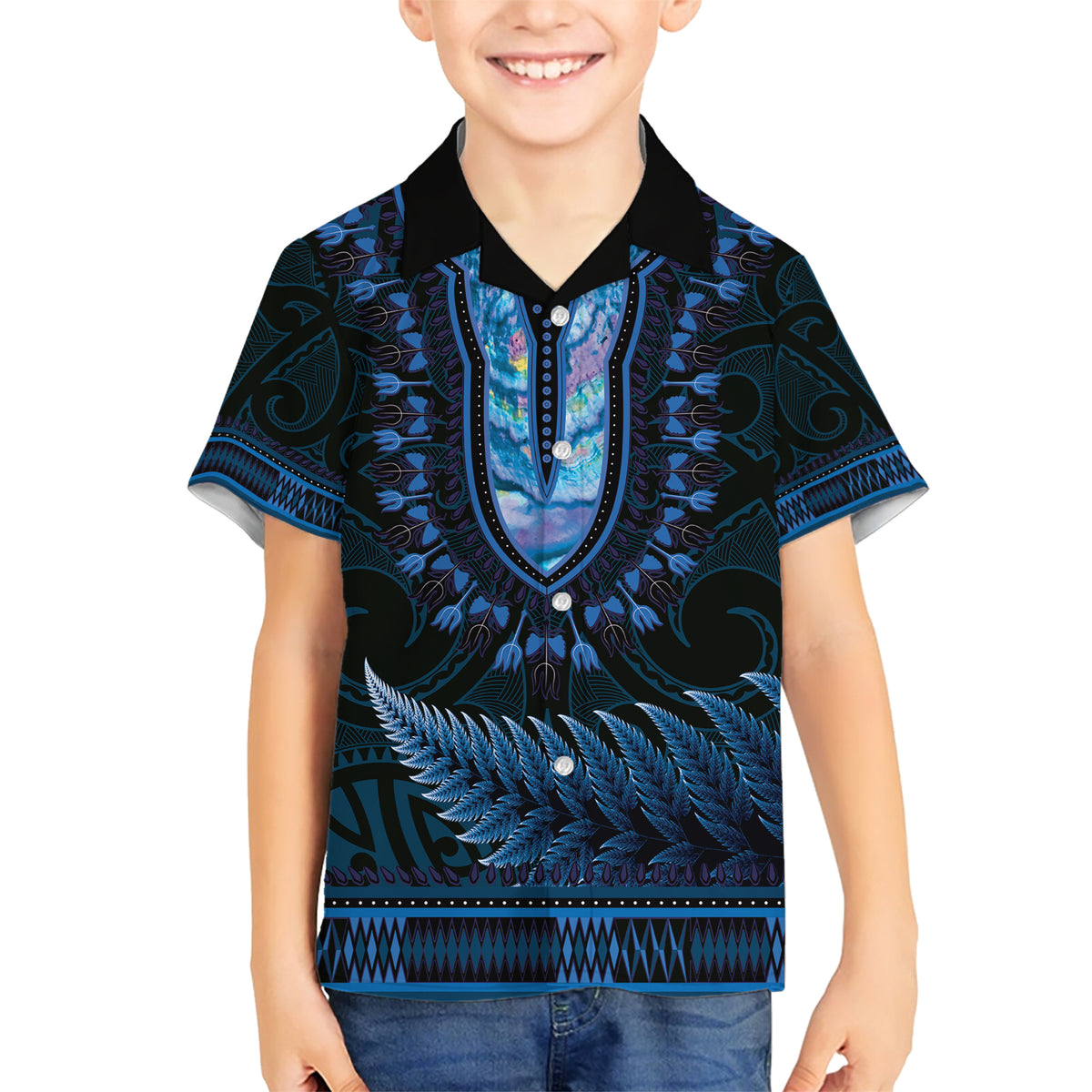 Blue African Dashiki With Aotearoa Maori Family Matching Short Sleeve Bodycon Dress and Hawaiian Shirt Paua Shell Mix Silver Fern LT14 Son's Shirt Blue - Polynesian Pride
