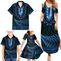 Blue African Dashiki With Aotearoa Maori Family Matching Summer Maxi Dress and Hawaiian Shirt Paua Shell Mix Silver Fern LT14 - Polynesian Pride