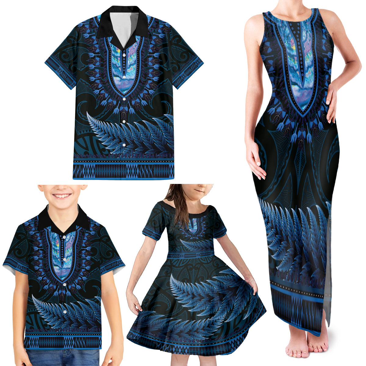 Blue African Dashiki With Aotearoa Maori Family Matching Tank Maxi Dress and Hawaiian Shirt Paua Shell Mix Silver Fern LT14 - Polynesian Pride