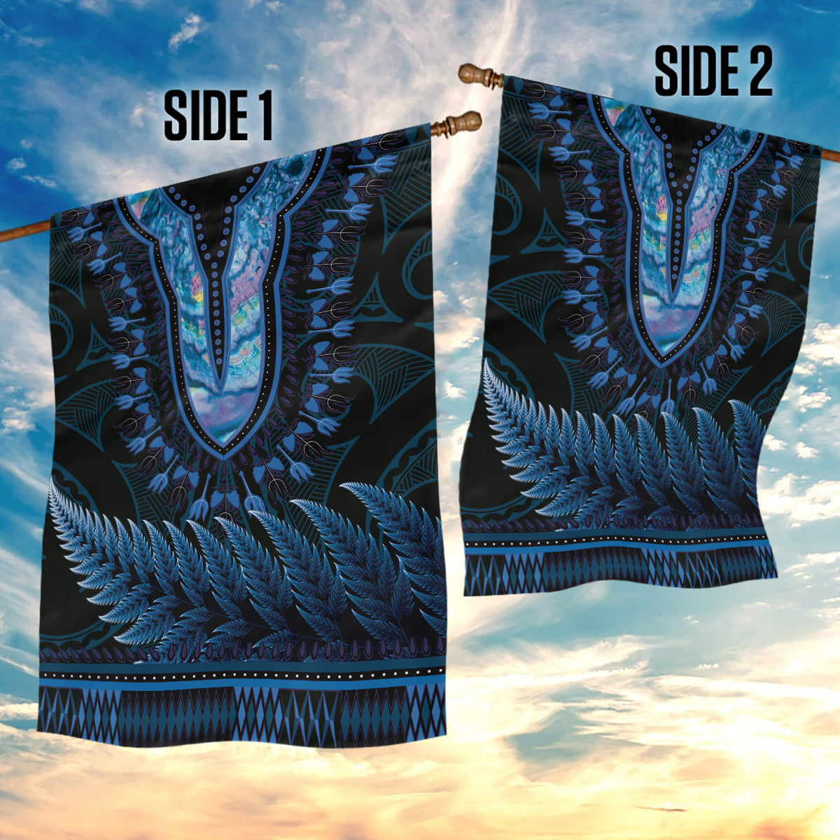 Blue African Dashiki With Aotearoa Maori Garden Flag Paua Shell Mix Silver Fern