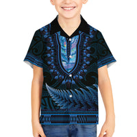 Blue African Dashiki With Aotearoa Maori Kid Hawaiian Shirt Paua Shell Mix Silver Fern
