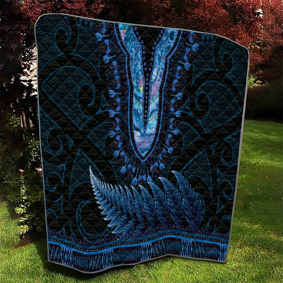 Blue African Dashiki With Aotearoa Maori Quilt Paua Shell Mix Silver Fern LT14 - Polynesian Pride