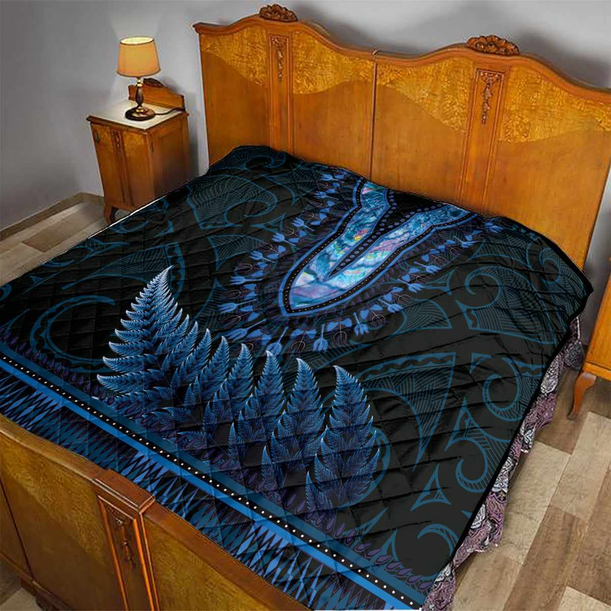 Blue African Dashiki With Aotearoa Maori Quilt Paua Shell Mix Silver Fern LT14 - Polynesian Pride