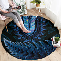 Blue African Dashiki With Aotearoa Maori Round Carpet Paua Shell Mix Silver Fern