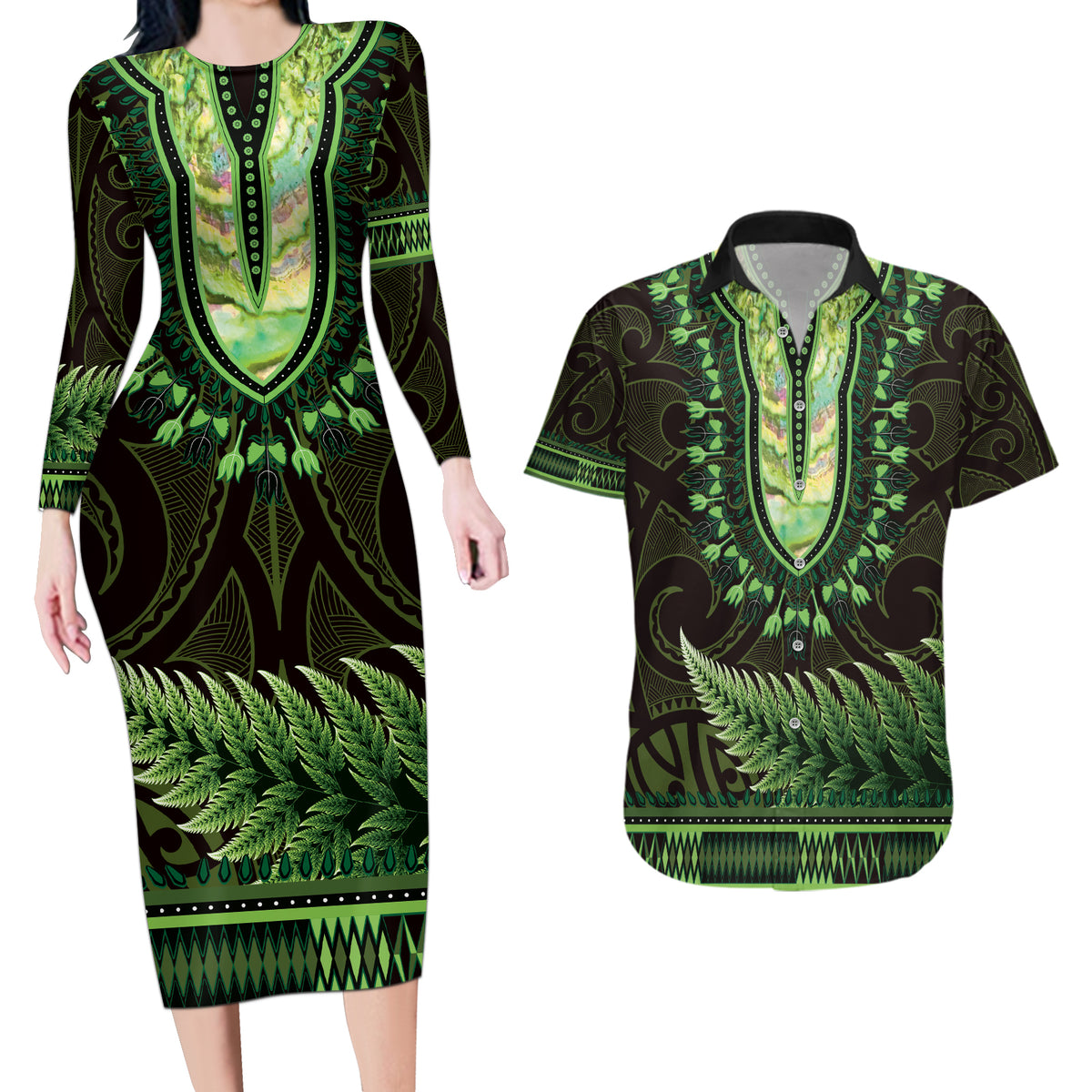 Lime Green African Dashiki With Aotearoa Maori Couples Matching Long Sleeve Bodycon Dress and Hawaiian Shirt Paua Shell Mix Silver Fern LT14 Lime Green - Polynesian Pride