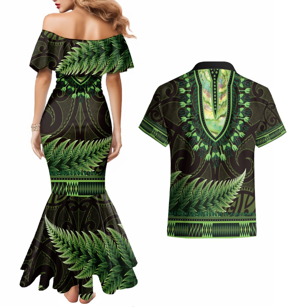 Lime Green African Dashiki With Aotearoa Maori Couples Matching Mermaid Dress and Hawaiian Shirt Paua Shell Mix Silver Fern LT14 - Polynesian Pride