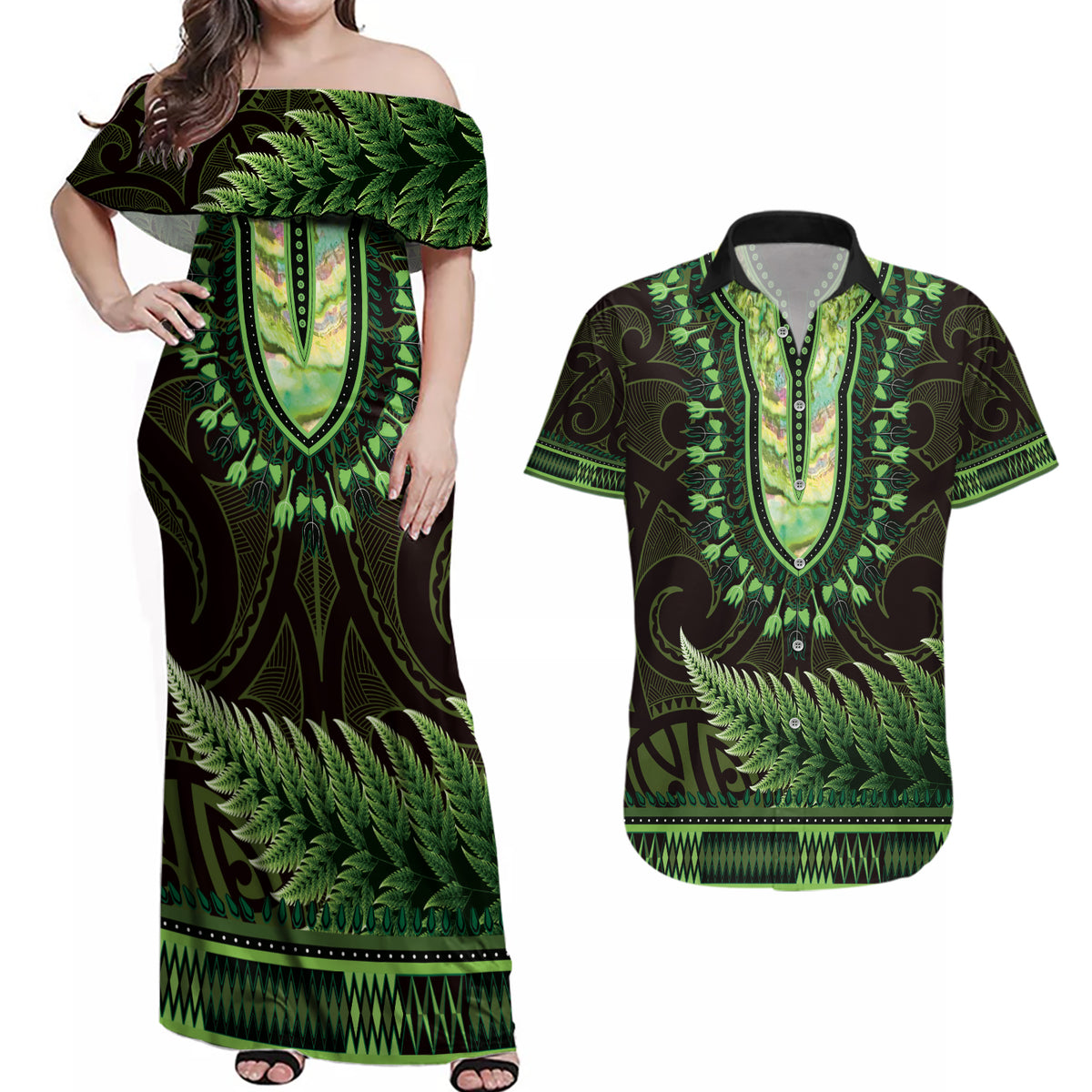 Lime Green African Dashiki With Aotearoa Maori Couples Matching Off Shoulder Maxi Dress and Hawaiian Shirt Paua Shell Mix Silver Fern LT14 Lime Green - Polynesian Pride