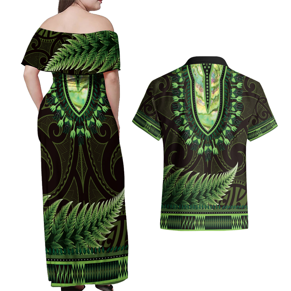Lime Green African Dashiki With Aotearoa Maori Couples Matching Off Shoulder Maxi Dress and Hawaiian Shirt Paua Shell Mix Silver Fern LT14 - Polynesian Pride