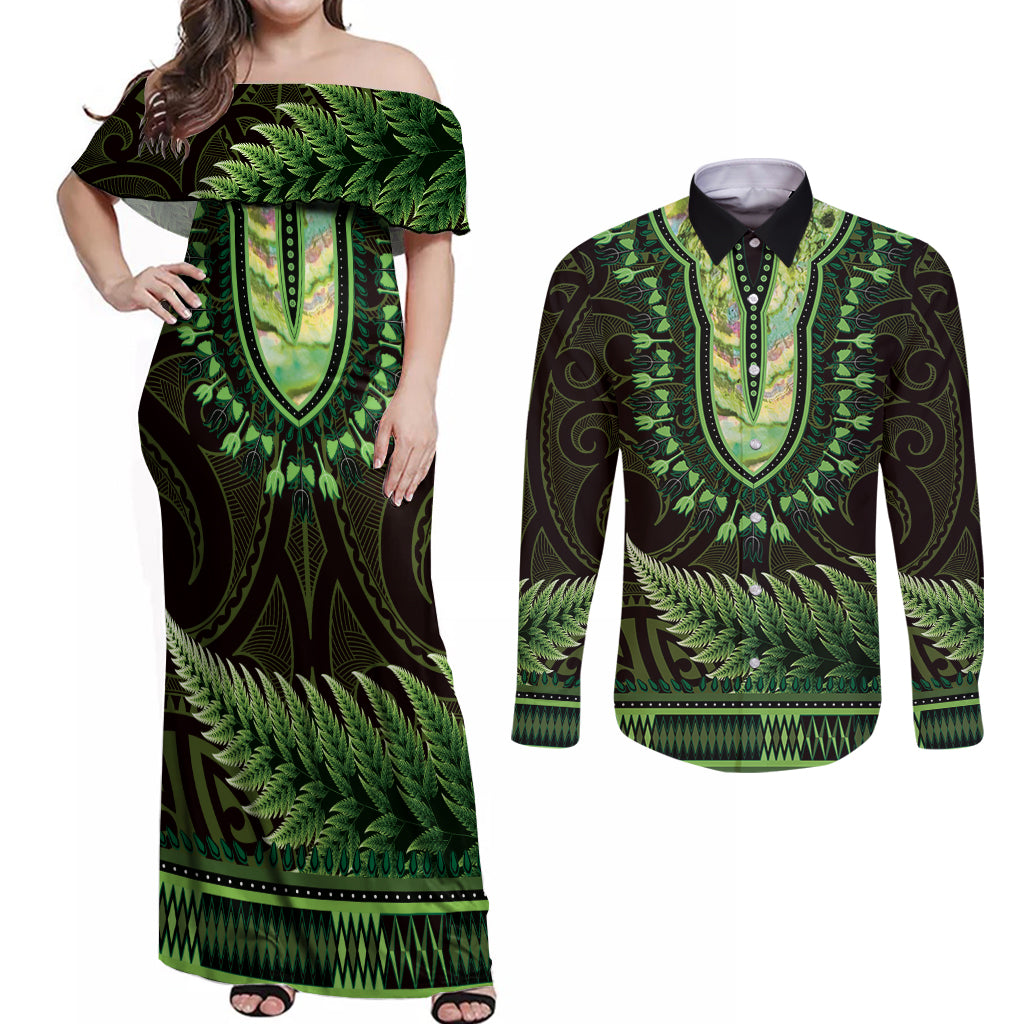 Lime Green African Dashiki With Aotearoa Maori Couples Matching Off Shoulder Maxi Dress and Long Sleeve Button Shirt Paua Shell Mix Silver Fern LT14 Lime Green - Polynesian Pride