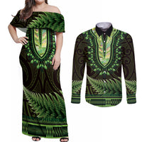 Lime Green African Dashiki With Aotearoa Maori Couples Matching Off Shoulder Maxi Dress and Long Sleeve Button Shirt Paua Shell Mix Silver Fern LT14 Lime Green - Polynesian Pride