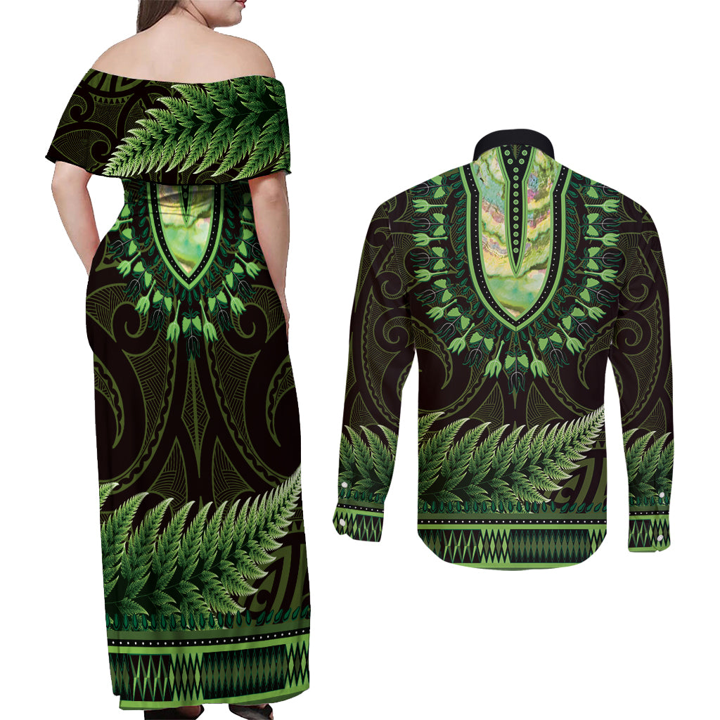 Lime Green African Dashiki With Aotearoa Maori Couples Matching Off Shoulder Maxi Dress and Long Sleeve Button Shirt Paua Shell Mix Silver Fern LT14 - Polynesian Pride