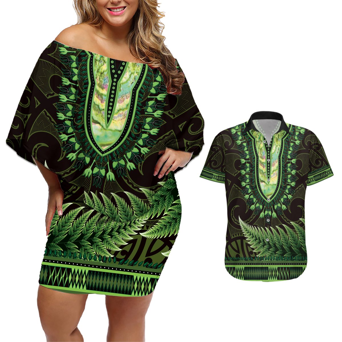Lime Green African Dashiki With Aotearoa Maori Couples Matching Off Shoulder Short Dress and Hawaiian Shirt Paua Shell Mix Silver Fern LT14 Lime Green - Polynesian Pride