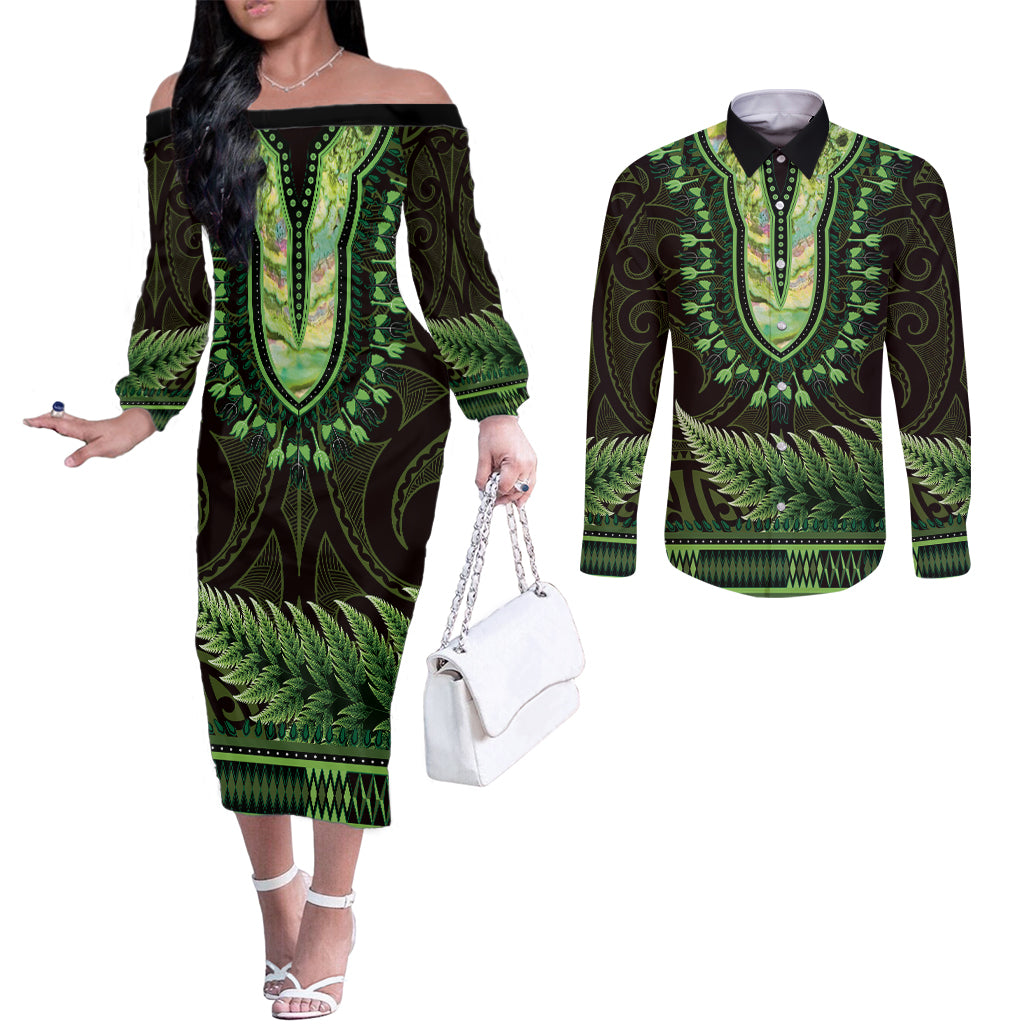 Lime Green African Dashiki With Aotearoa Maori Couples Matching Off The Shoulder Long Sleeve Dress and Long Sleeve Button Shirt Paua Shell Mix Silver Fern LT14 Lime Green - Polynesian Pride
