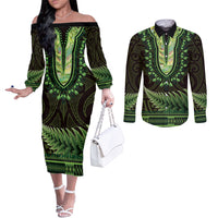 Lime Green African Dashiki With Aotearoa Maori Couples Matching Off The Shoulder Long Sleeve Dress and Long Sleeve Button Shirt Paua Shell Mix Silver Fern LT14 Lime Green - Polynesian Pride