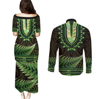 Lime Green African Dashiki With Aotearoa Maori Couples Matching Puletasi and Long Sleeve Button Shirt Paua Shell Mix Silver Fern