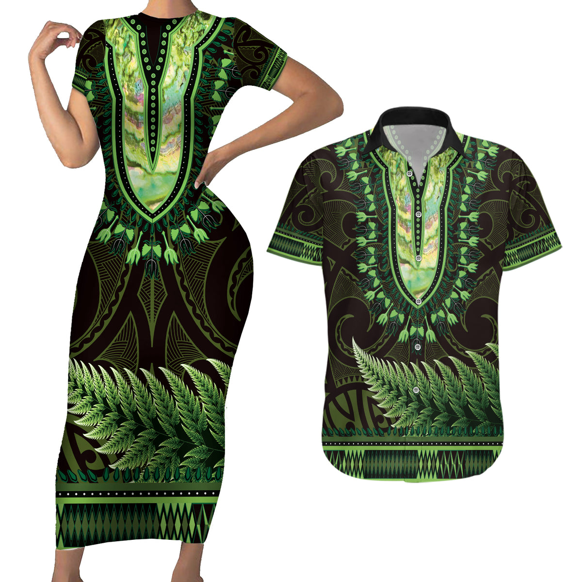 Lime Green African Dashiki With Aotearoa Maori Couples Matching Short Sleeve Bodycon Dress and Hawaiian Shirt Paua Shell Mix Silver Fern LT14 Lime Green - Polynesian Pride