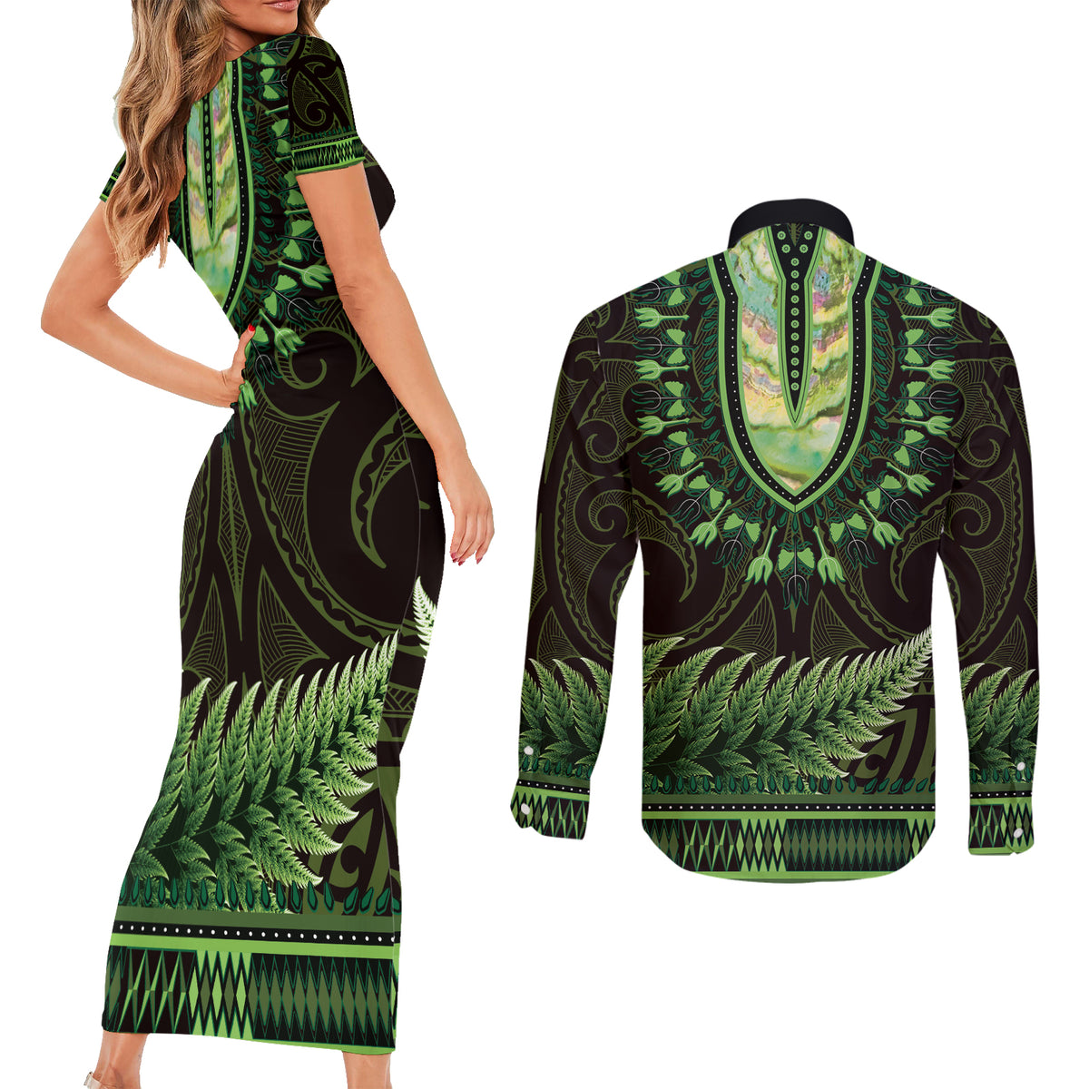 Lime Green African Dashiki With Aotearoa Maori Couples Matching Short Sleeve Bodycon Dress and Long Sleeve Button Shirt Paua Shell Mix Silver Fern LT14 - Polynesian Pride