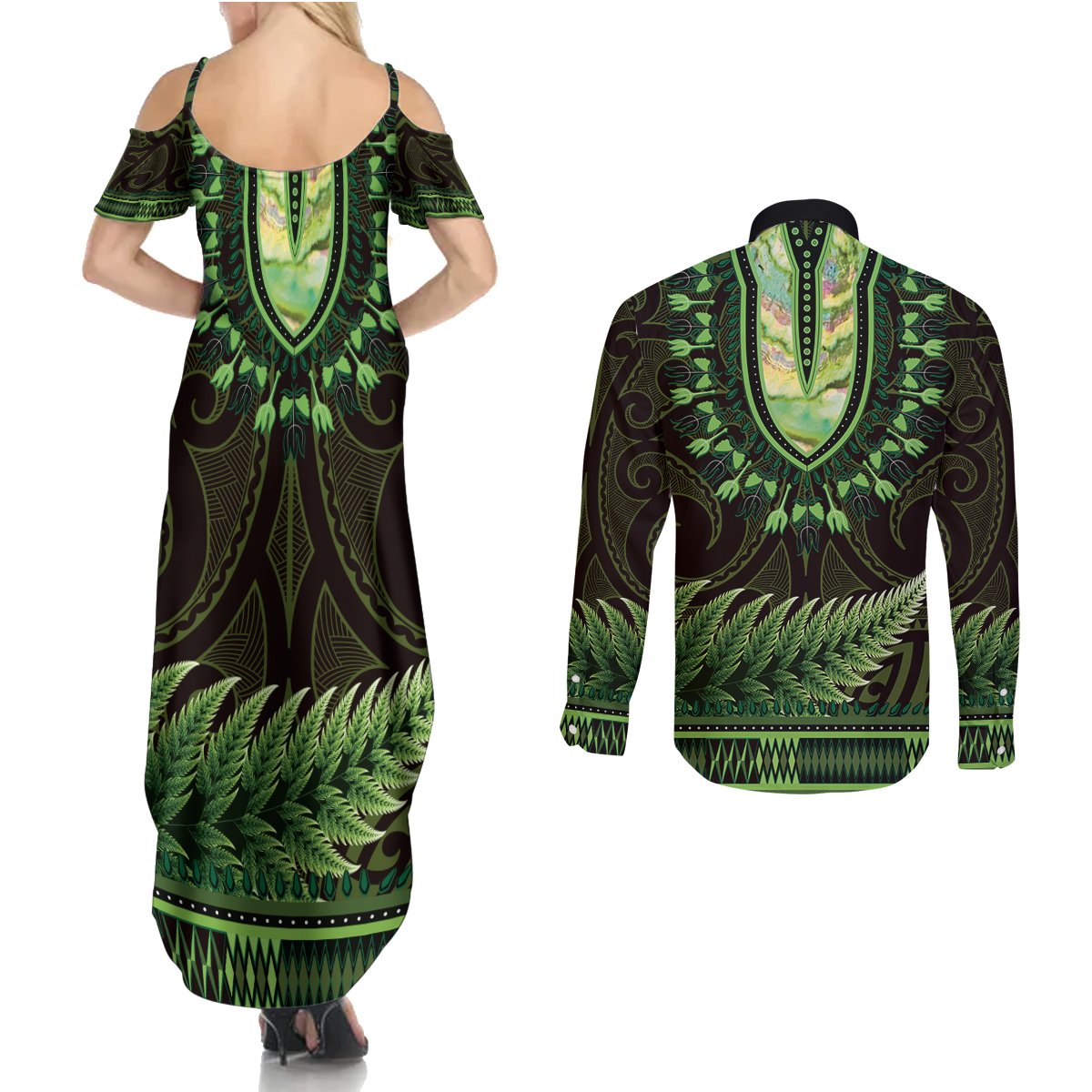 Lime Green African Dashiki With Aotearoa Maori Couples Matching Summer Maxi Dress and Long Sleeve Button Shirt Paua Shell Mix Silver Fern LT14 - Polynesian Pride