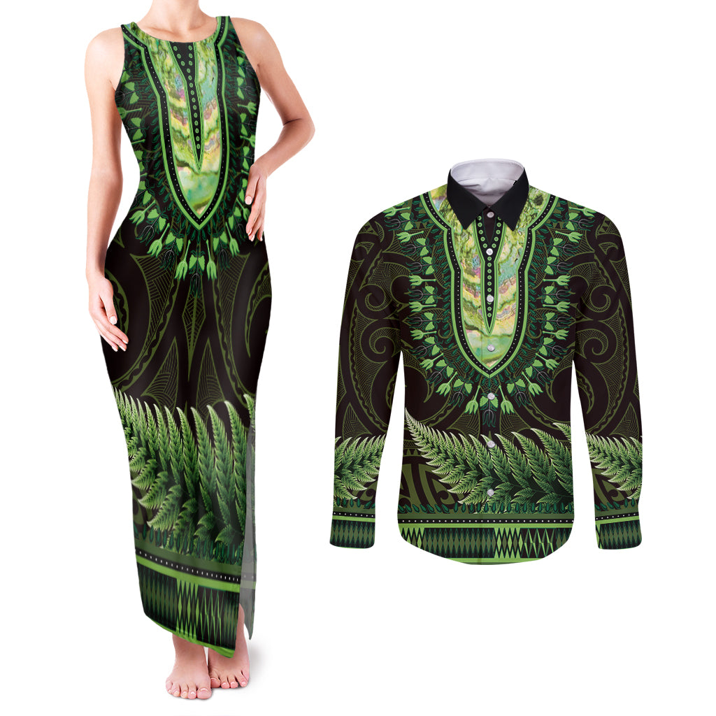 Lime Green African Dashiki With Aotearoa Maori Couples Matching Tank Maxi Dress and Long Sleeve Button Shirt Paua Shell Mix Silver Fern LT14 Lime Green - Polynesian Pride