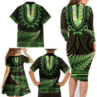 Lime Green African Dashiki With Aotearoa Maori Family Matching Long Sleeve Bodycon Dress and Hawaiian Shirt Paua Shell Mix Silver Fern LT14 - Polynesian Pride