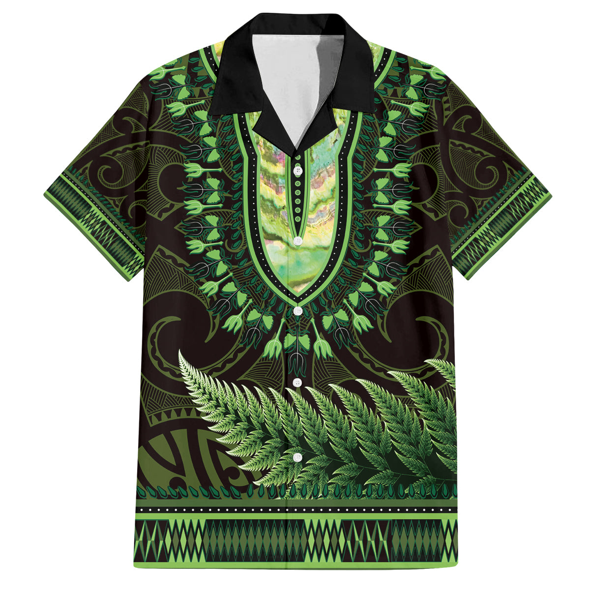 Lime Green African Dashiki With Aotearoa Maori Family Matching Long Sleeve Bodycon Dress and Hawaiian Shirt Paua Shell Mix Silver Fern LT14 Dad's Shirt - Short Sleeve Lime Green - Polynesian Pride