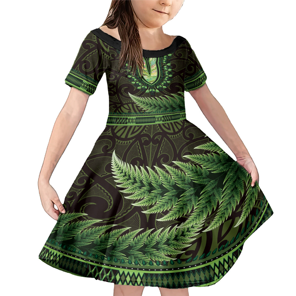 Lime Green African Dashiki With Aotearoa Maori Family Matching Mermaid Dress and Hawaiian Shirt Paua Shell Mix Silver Fern LT14 Daughter's Dress Lime Green - Polynesian Pride