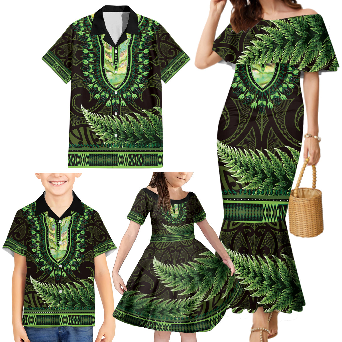 Lime Green African Dashiki With Aotearoa Maori Family Matching Mermaid Dress and Hawaiian Shirt Paua Shell Mix Silver Fern LT14 - Polynesian Pride