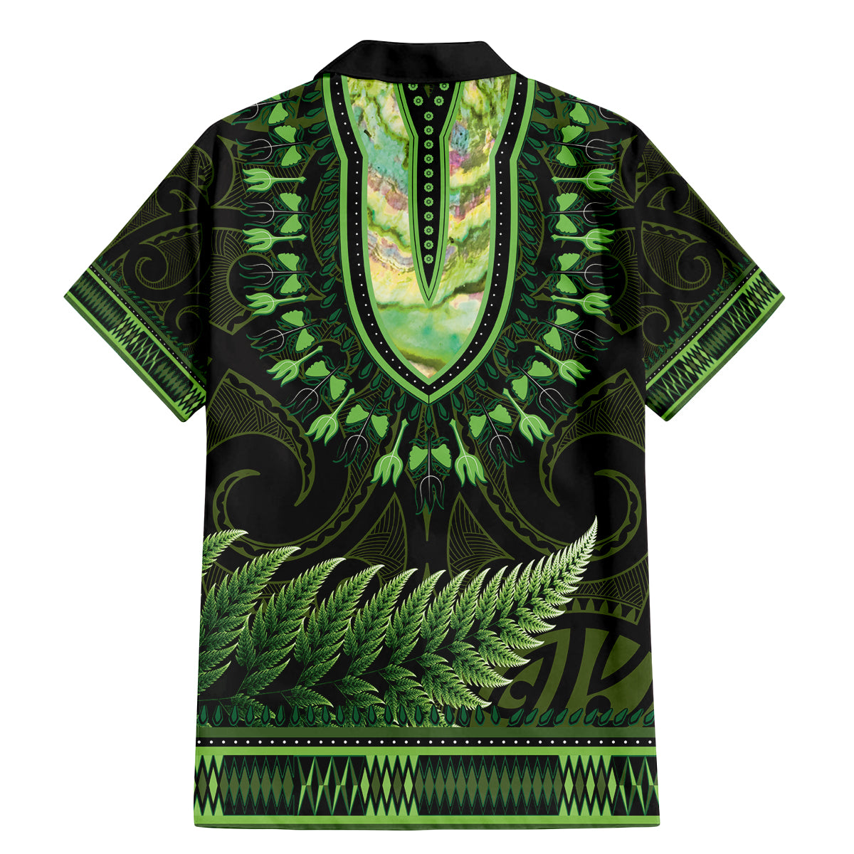 Lime Green African Dashiki With Aotearoa Maori Family Matching Mermaid Dress and Hawaiian Shirt Paua Shell Mix Silver Fern LT14 - Polynesian Pride
