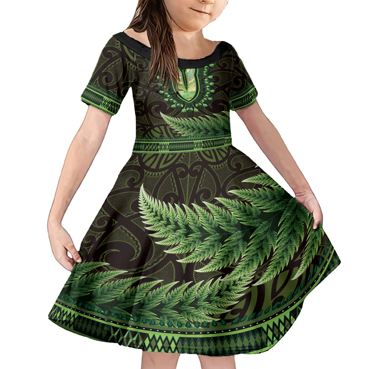 Lime Green African Dashiki With Aotearoa Maori Family Matching Off The Shoulder Long Sleeve Dress and Hawaiian Shirt Paua Shell Mix Silver Fern LT14 Daughter's Dress Lime Green - Polynesian Pride