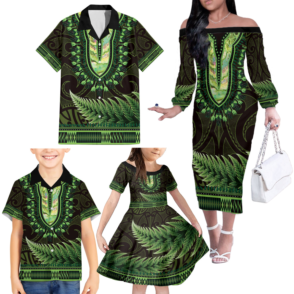 Lime Green African Dashiki With Aotearoa Maori Family Matching Off The Shoulder Long Sleeve Dress and Hawaiian Shirt Paua Shell Mix Silver Fern LT14 - Polynesian Pride