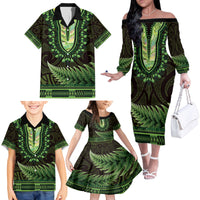 Lime Green African Dashiki With Aotearoa Maori Family Matching Off The Shoulder Long Sleeve Dress and Hawaiian Shirt Paua Shell Mix Silver Fern LT14 - Polynesian Pride