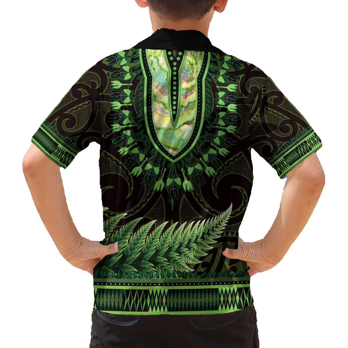 Lime Green African Dashiki With Aotearoa Maori Family Matching Off Shoulder Maxi Dress and Hawaiian Shirt Paua Shell Mix Silver Fern LT14 - Polynesian Pride