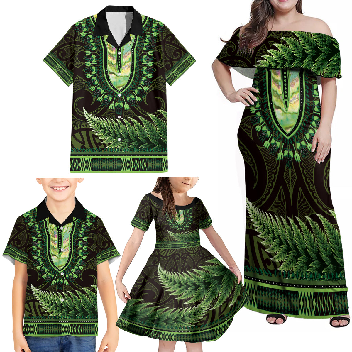 Lime Green African Dashiki With Aotearoa Maori Family Matching Off Shoulder Maxi Dress and Hawaiian Shirt Paua Shell Mix Silver Fern LT14 - Polynesian Pride