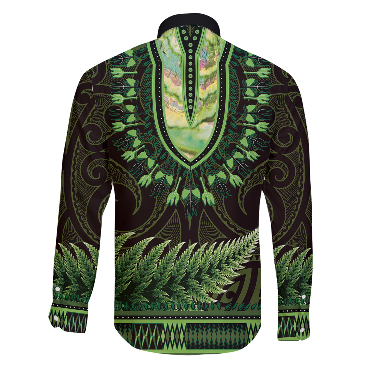 Lime Green African Dashiki With Aotearoa Maori Family Matching Off Shoulder Maxi Dress and Hawaiian Shirt Paua Shell Mix Silver Fern LT14 - Polynesian Pride