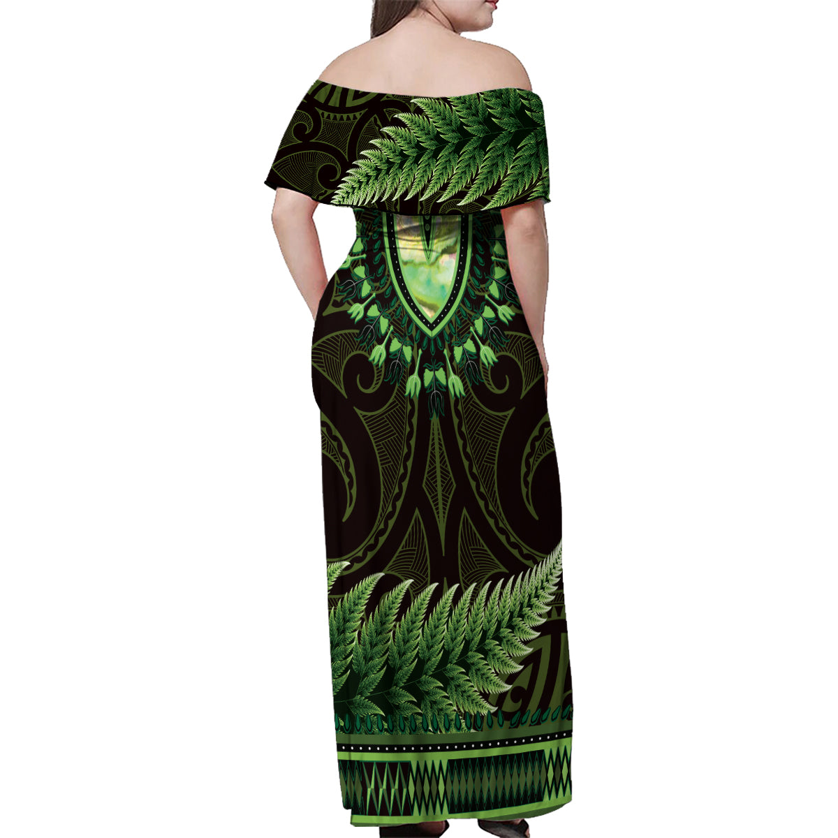 Lime Green African Dashiki With Aotearoa Maori Family Matching Off Shoulder Maxi Dress and Hawaiian Shirt Paua Shell Mix Silver Fern LT14 - Polynesian Pride