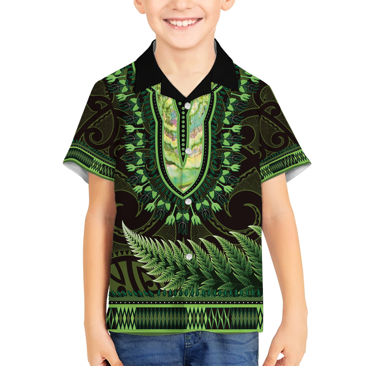 Lime Green African Dashiki With Aotearoa Maori Family Matching Off Shoulder Maxi Dress and Hawaiian Shirt Paua Shell Mix Silver Fern LT14 Son's Shirt Lime Green - Polynesian Pride