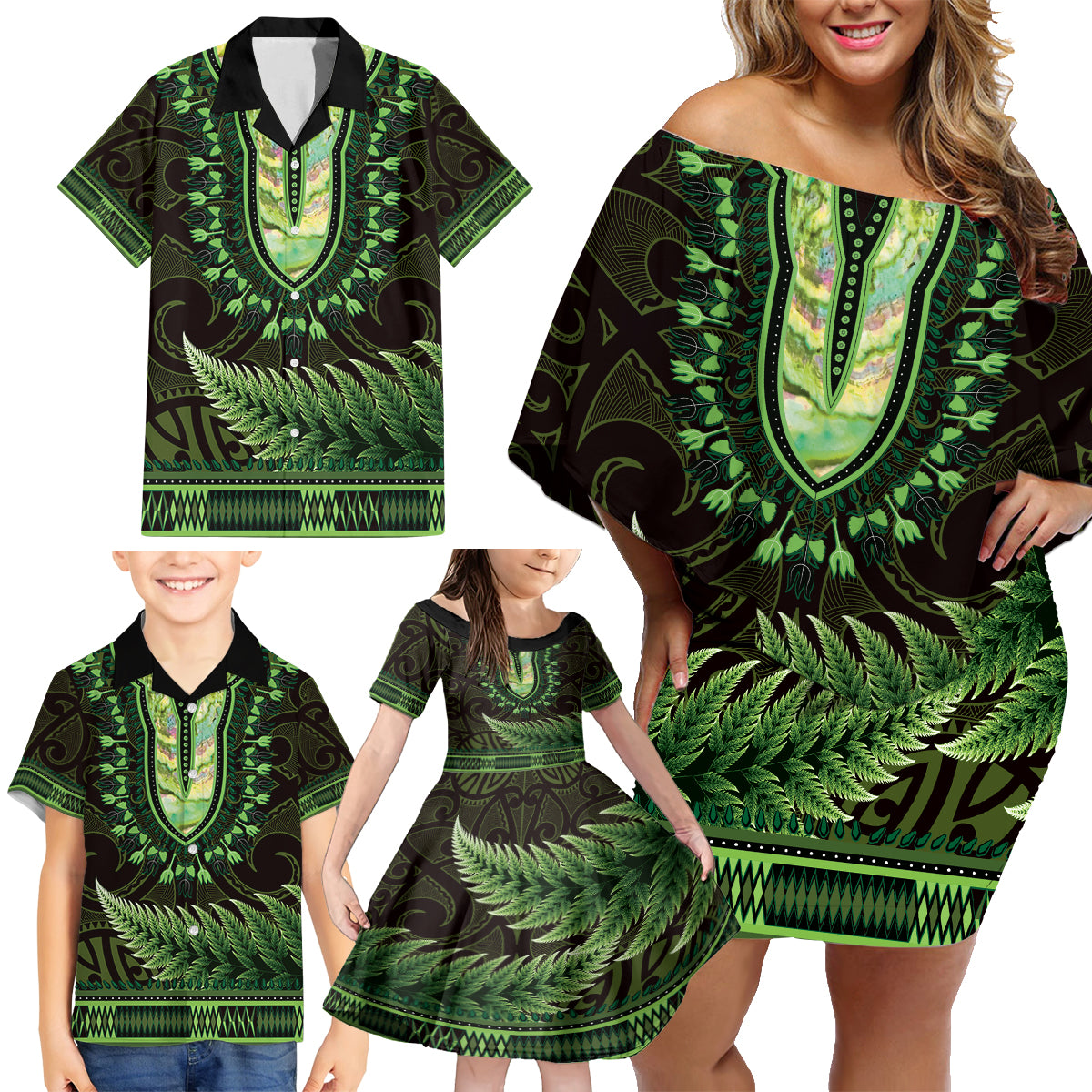 Lime Green African Dashiki With Aotearoa Maori Family Matching Off Shoulder Short Dress and Hawaiian Shirt Paua Shell Mix Silver Fern LT14 - Polynesian Pride
