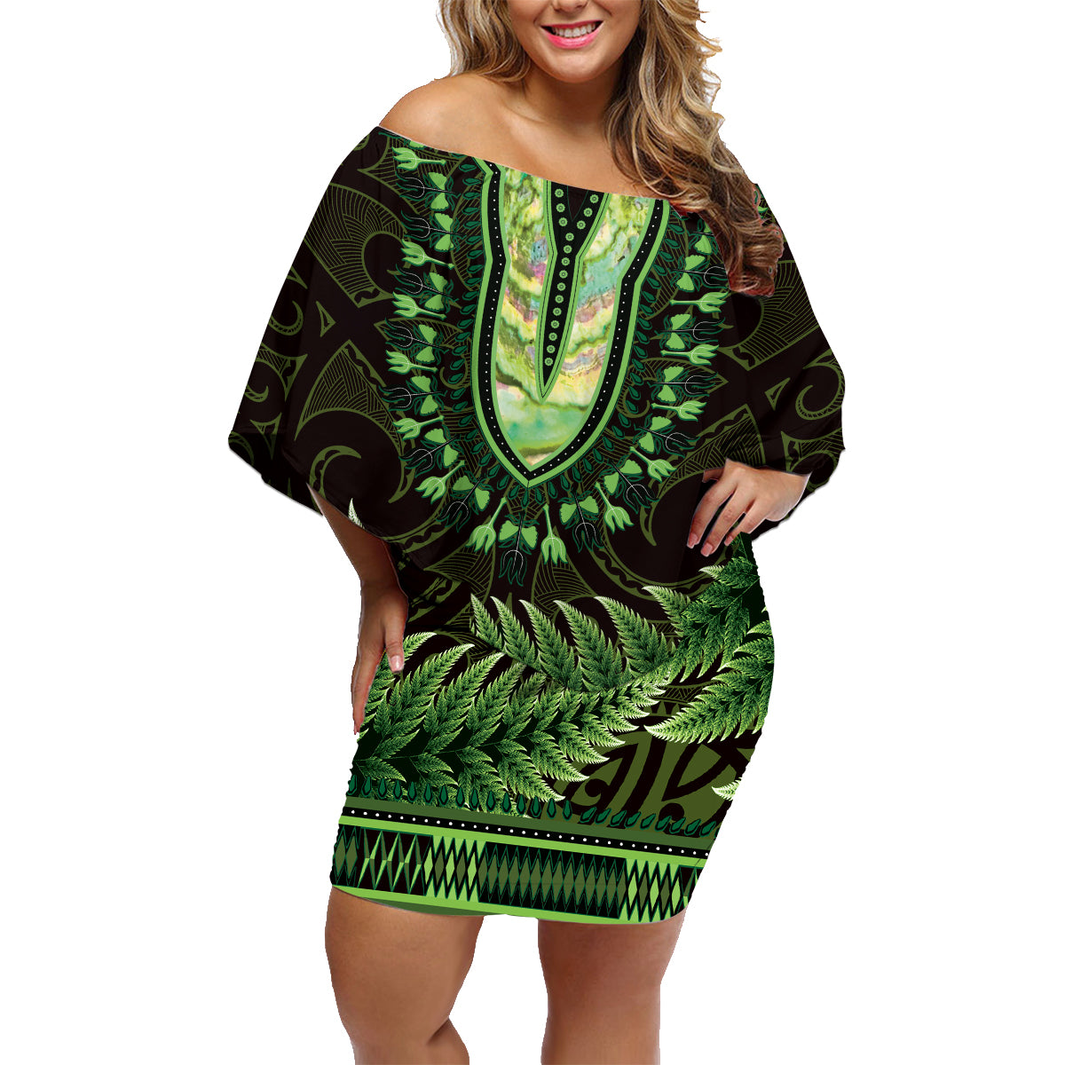 Lime Green African Dashiki With Aotearoa Maori Family Matching Off Shoulder Short Dress and Hawaiian Shirt Paua Shell Mix Silver Fern LT14 Mom's Dress Lime Green - Polynesian Pride