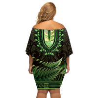 Lime Green African Dashiki With Aotearoa Maori Family Matching Off Shoulder Short Dress and Hawaiian Shirt Paua Shell Mix Silver Fern LT14 - Polynesian Pride