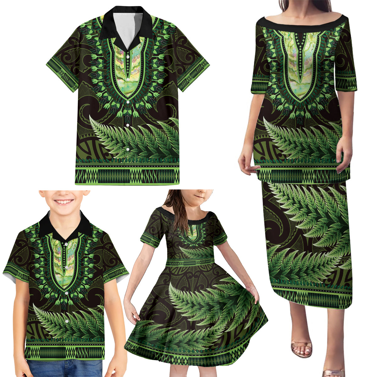 Lime Green African Dashiki With Aotearoa Maori Family Matching Puletasi and Hawaiian Shirt Paua Shell Mix Silver Fern LT14 - Polynesian Pride